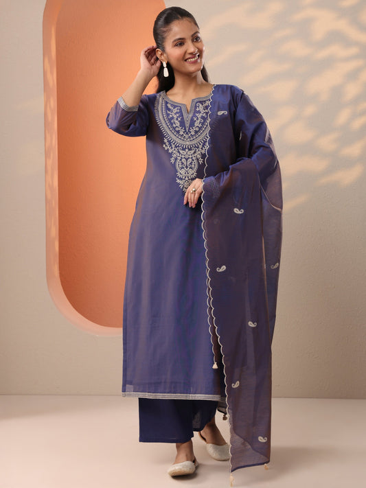 Purple Embroidered Silk Blend Straight Suit Set With Dupatta