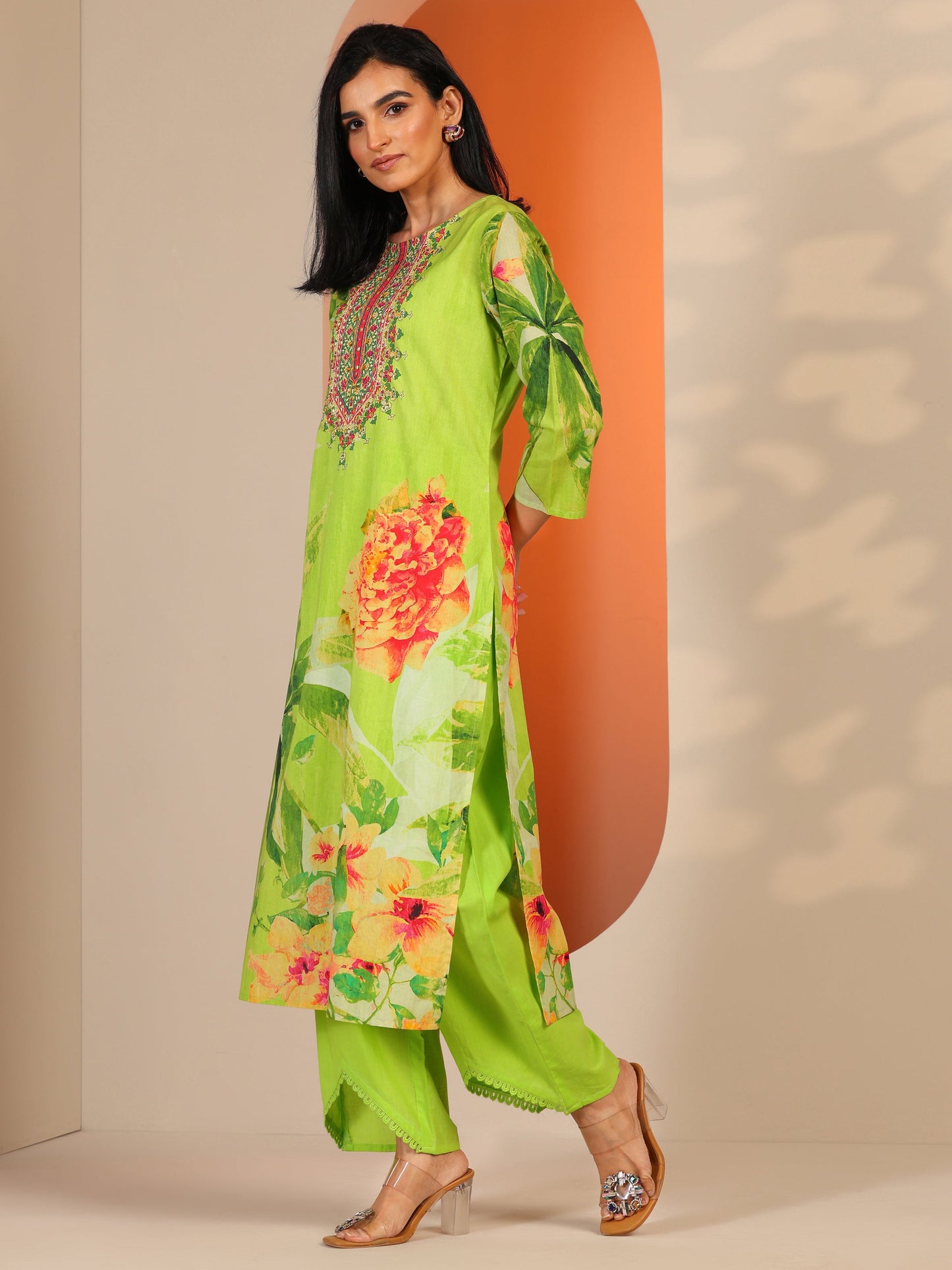 Green Printed Cotton Straight Suit Set With Dupatta