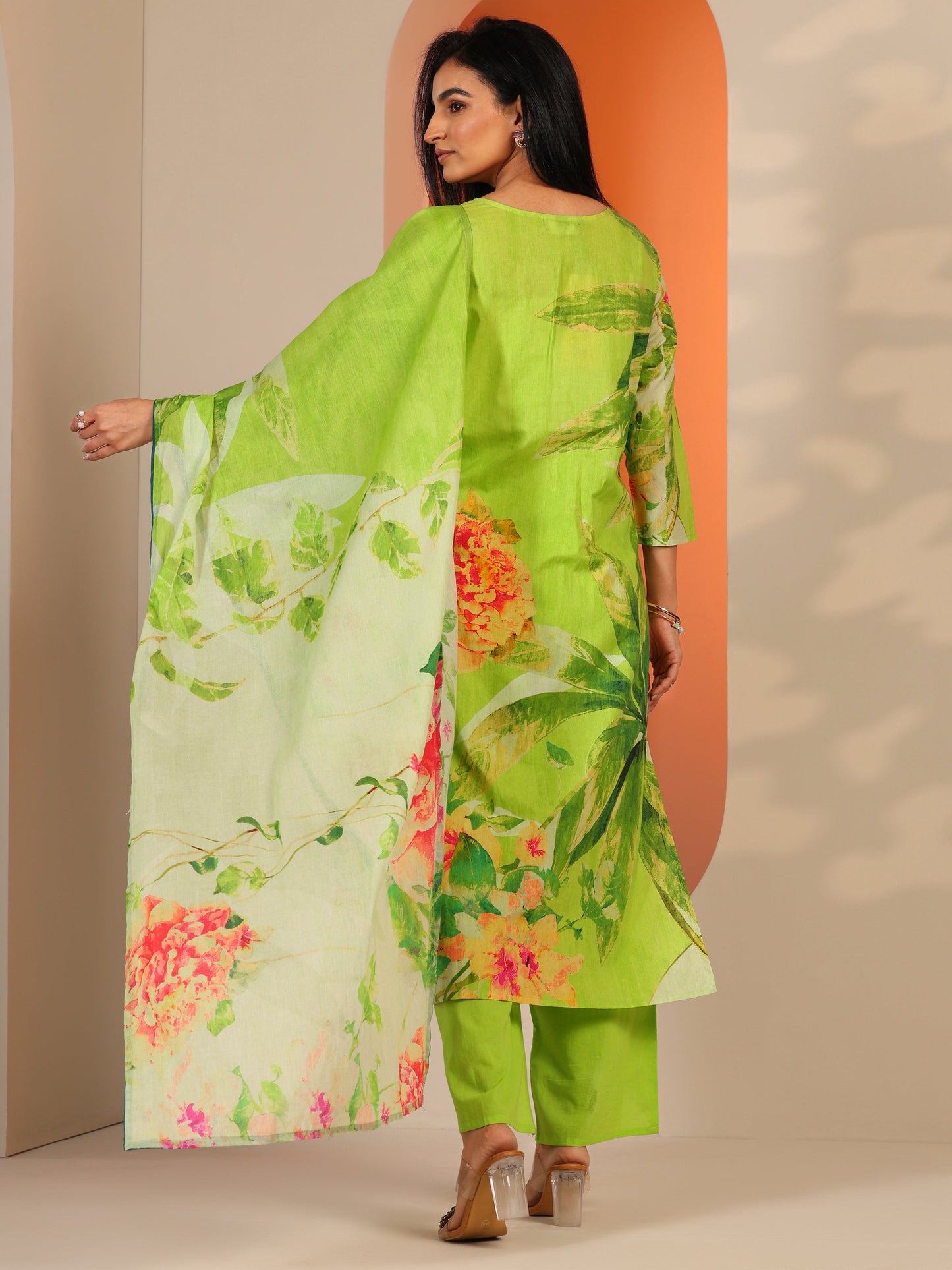 Green Printed Cotton Straight Suit Set With Dupatta