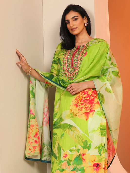 Green Printed Cotton Straight Suit Set With Dupatta