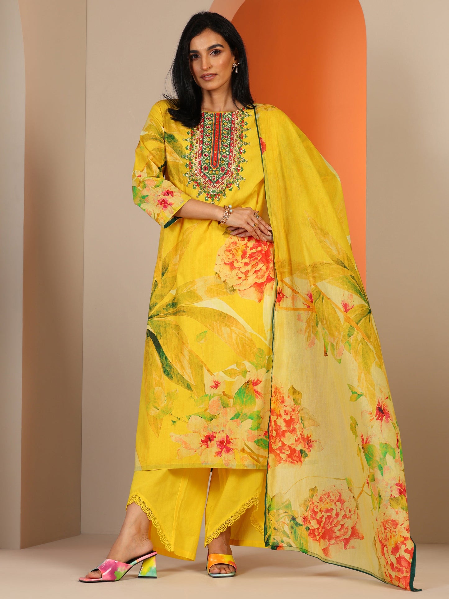 Yellow Printed Cotton Straight Suit Set With Dupatta
