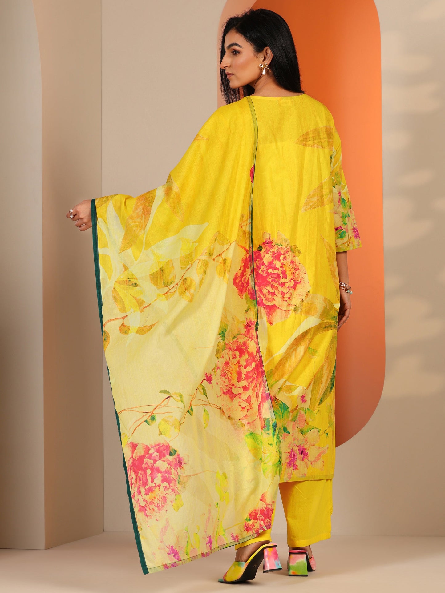 Yellow Printed Cotton Straight Suit Set With Dupatta