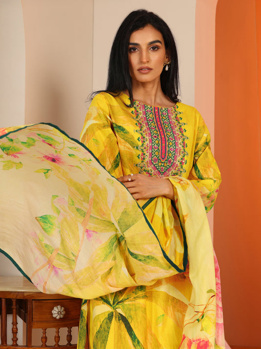 Yellow Printed Cotton Straight Suit Set With Dupatta