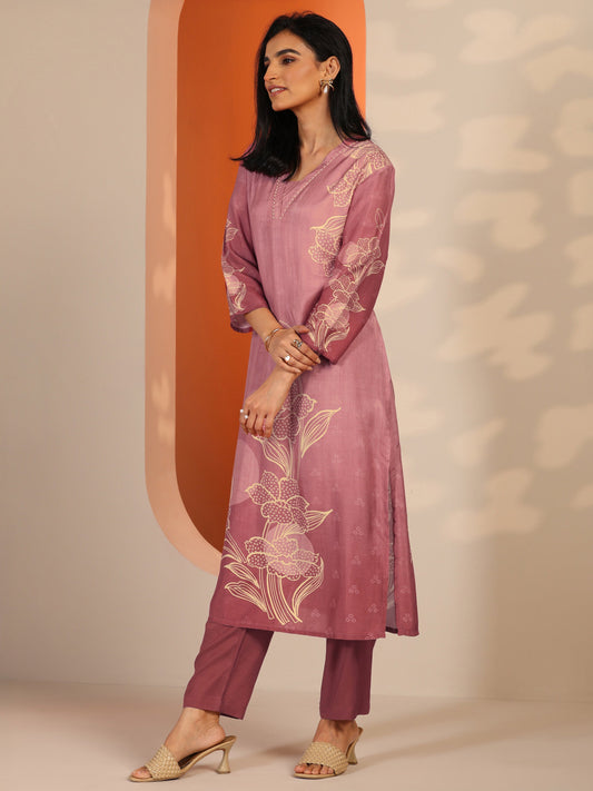 Pink Printed Muslin Straight Suit Set With Dupatta