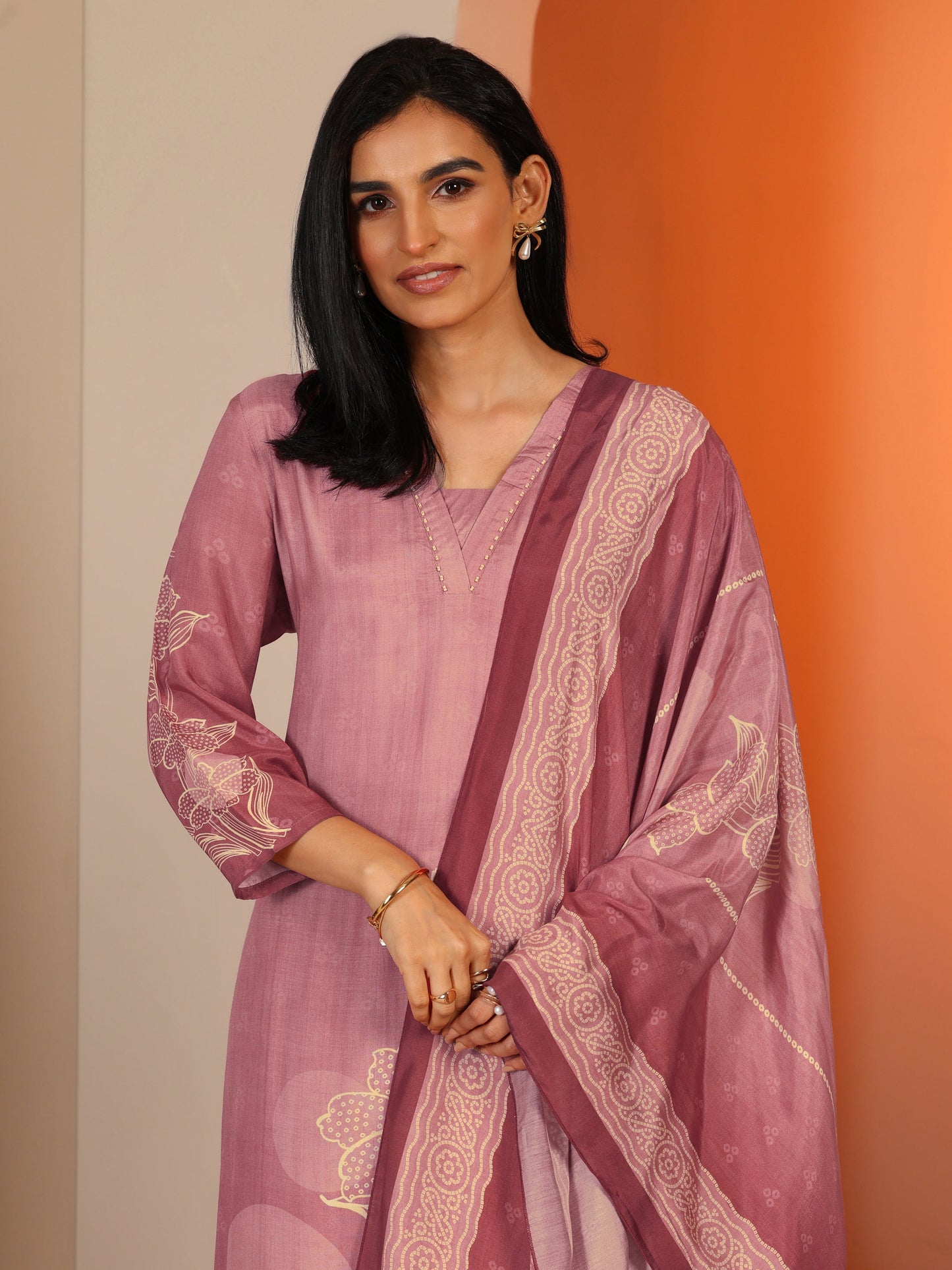 Pink Printed Muslin Straight Suit Set With Dupatta