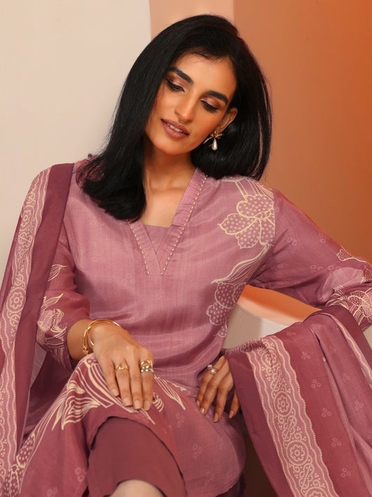 Pink Printed Muslin Straight Suit Set With Dupatta