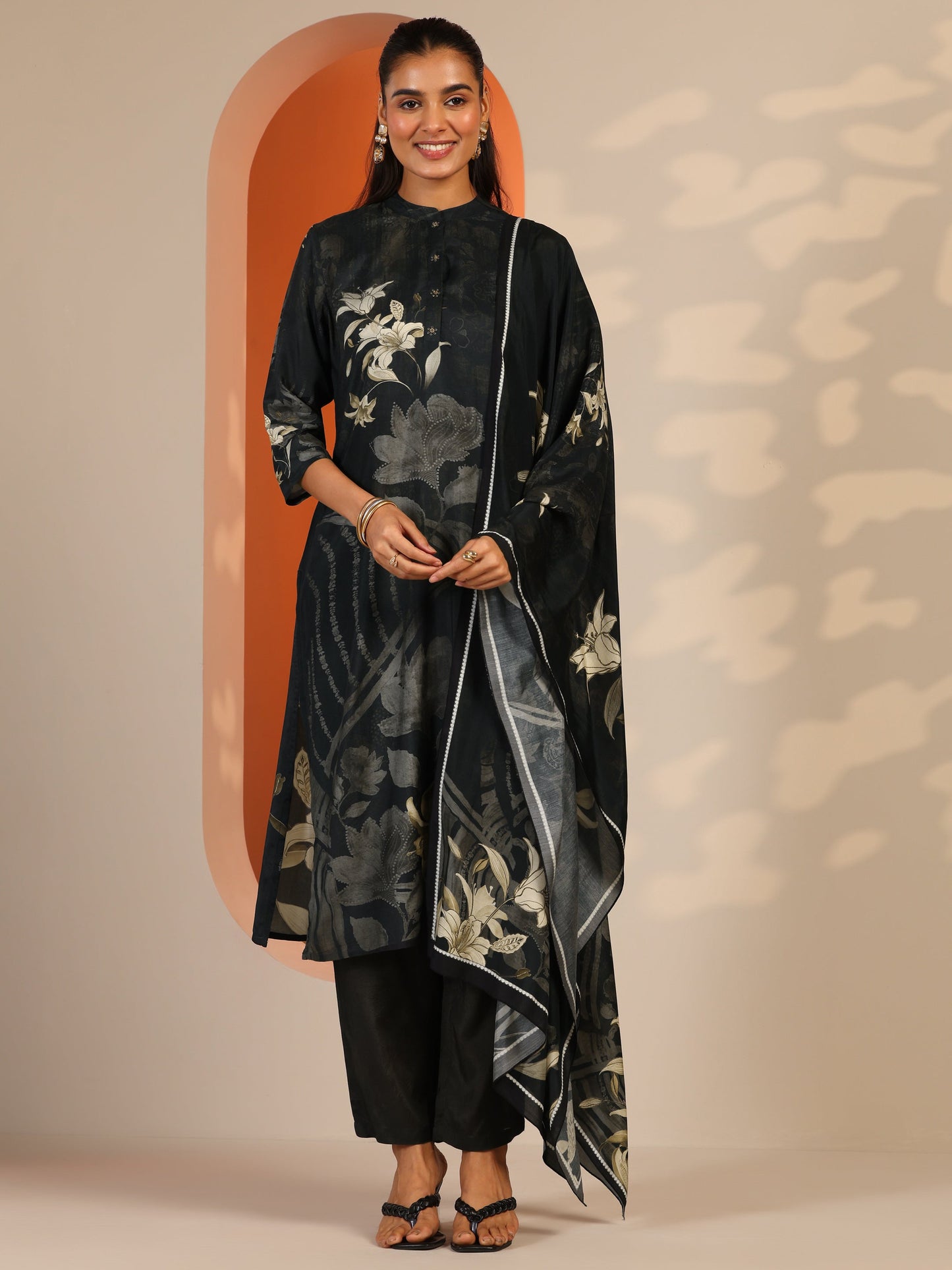 Black Printed Muslin Straight Suit Set With Dupatta