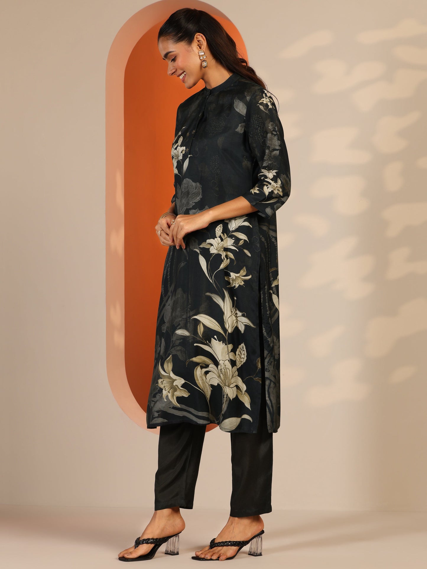 Black Printed Muslin Straight Suit Set With Dupatta