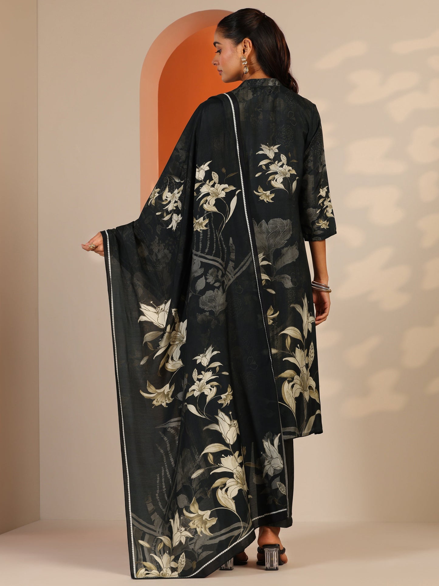 Black Printed Muslin Straight Suit Set With Dupatta