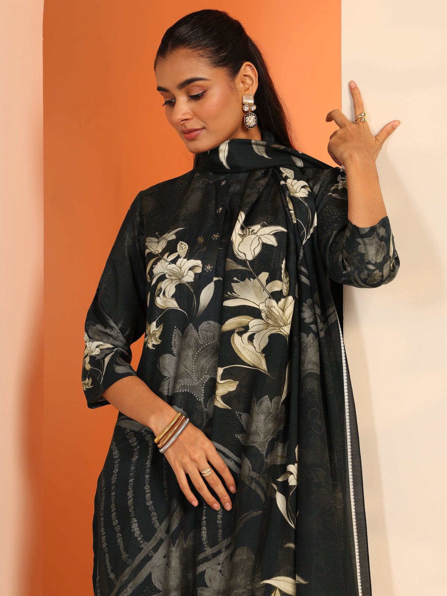 Black Printed Muslin Straight Suit Set With Dupatta