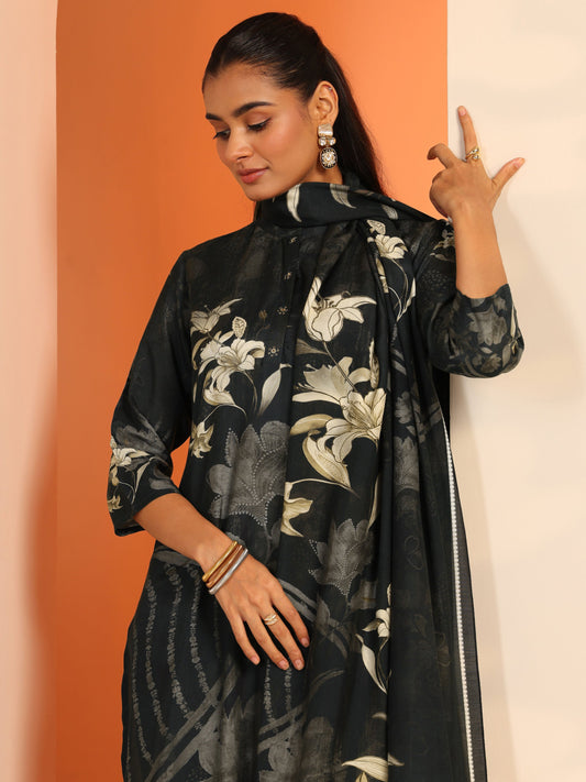 Black Printed Muslin Straight Suit Set With Dupatta