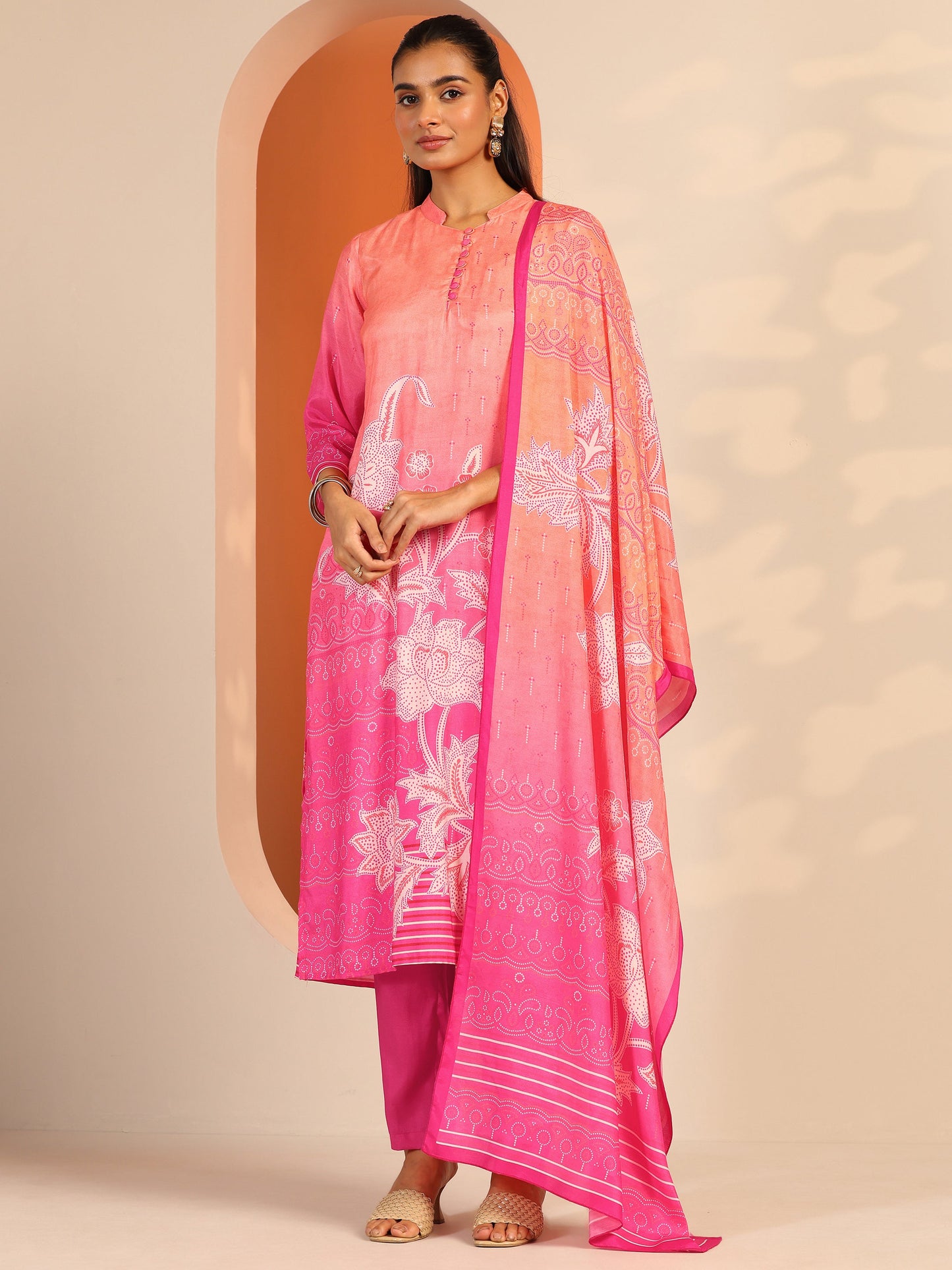 Pink Printed Muslin Straight Suit Set With Dupatta