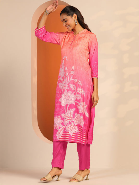 Pink Printed Muslin Straight Suit Set With Dupatta