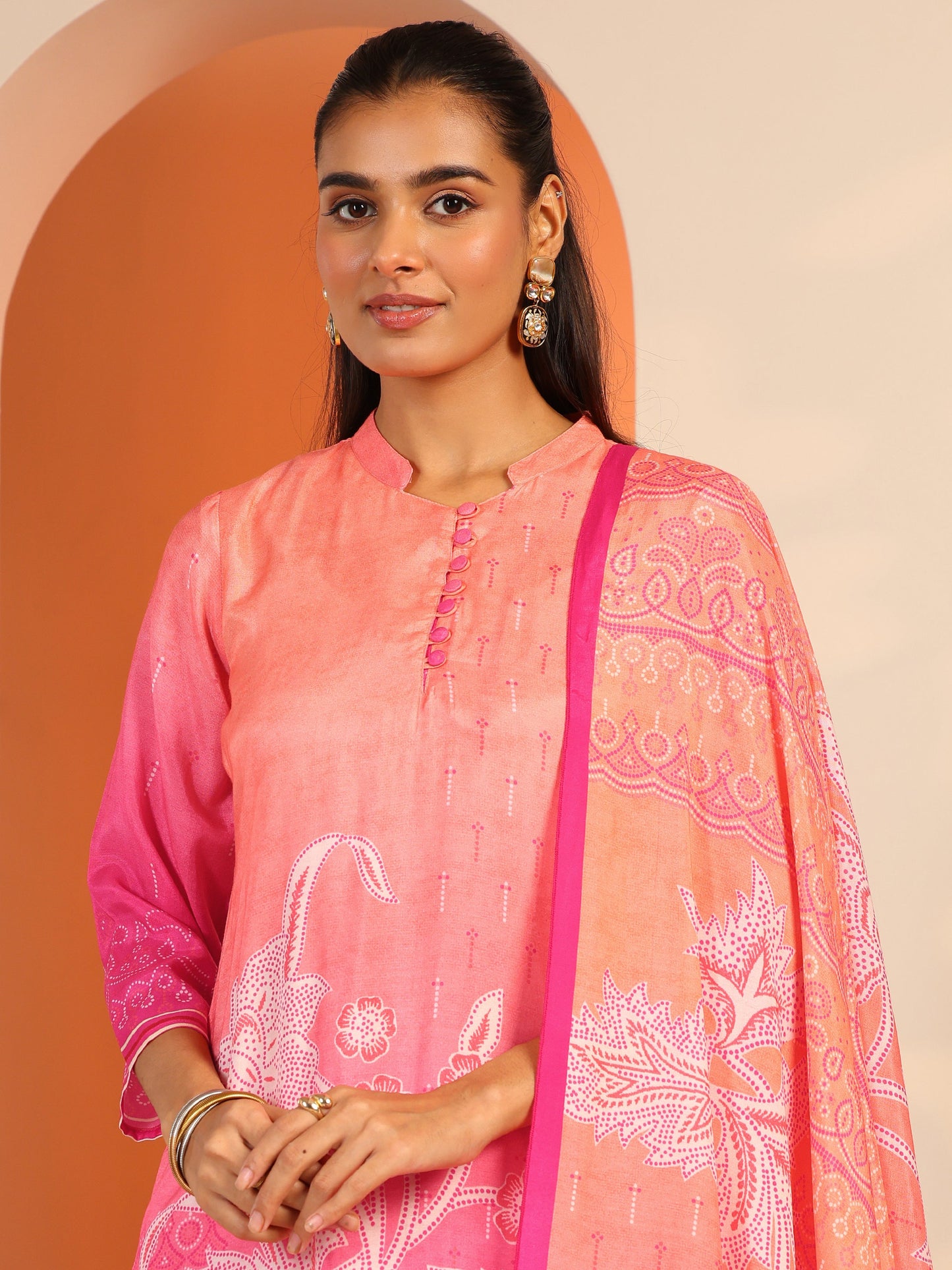 Pink Printed Muslin Straight Suit Set With Dupatta