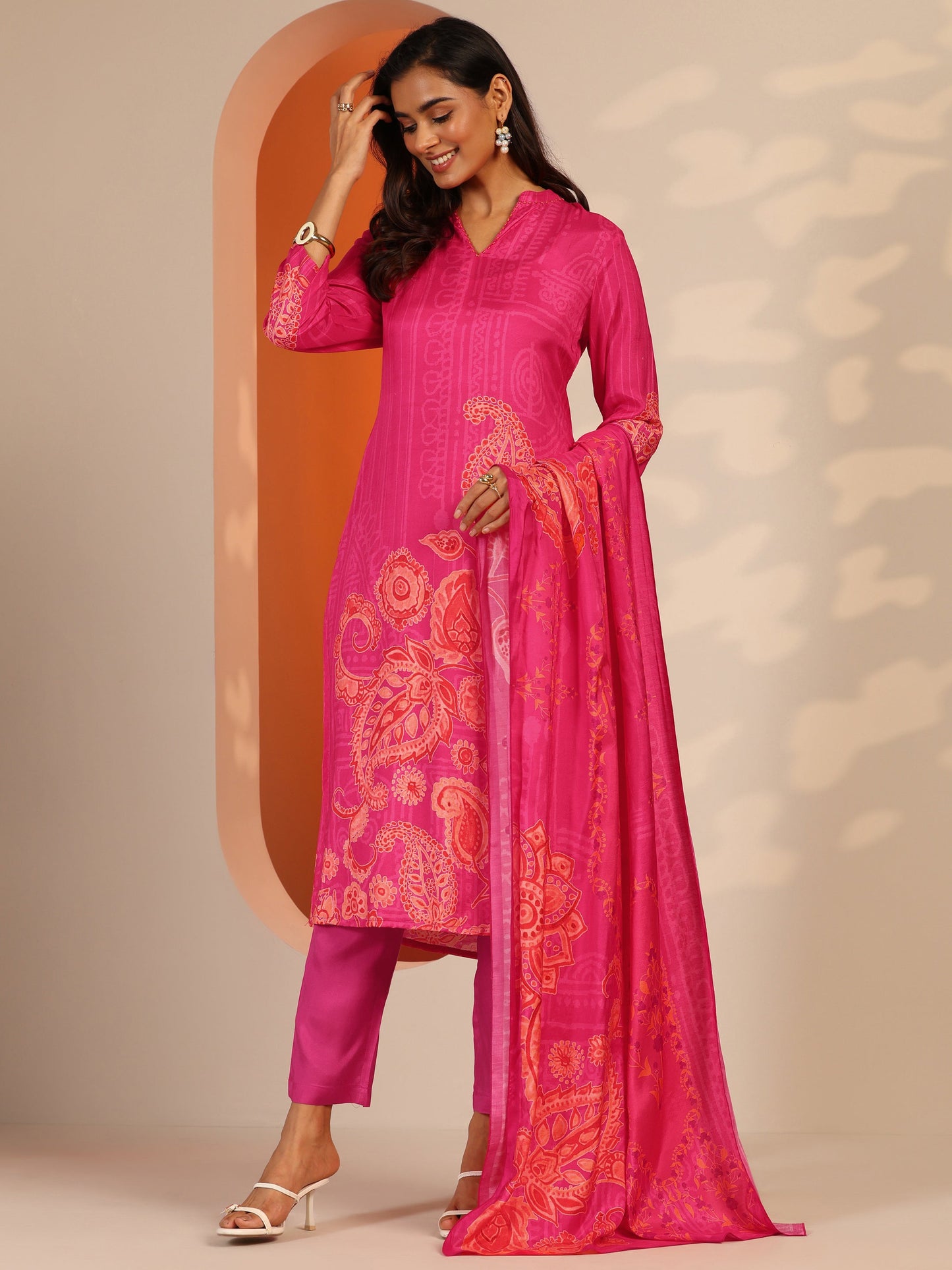 Pink Printed Muslin Straight Suit Set With Dupatta