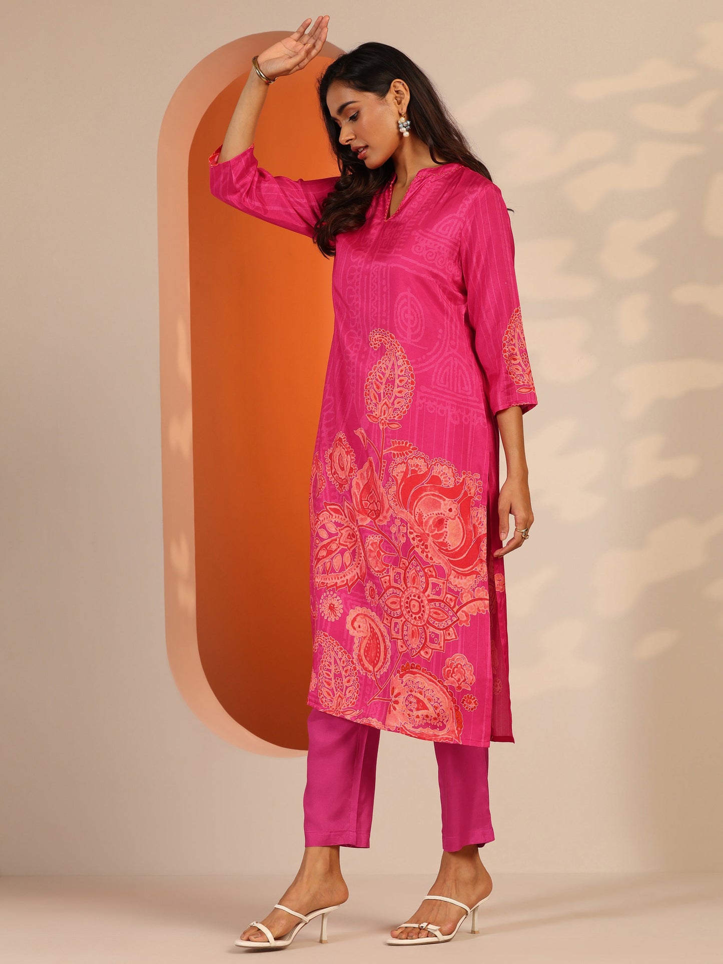 Pink Printed Muslin Straight Suit Set With Dupatta