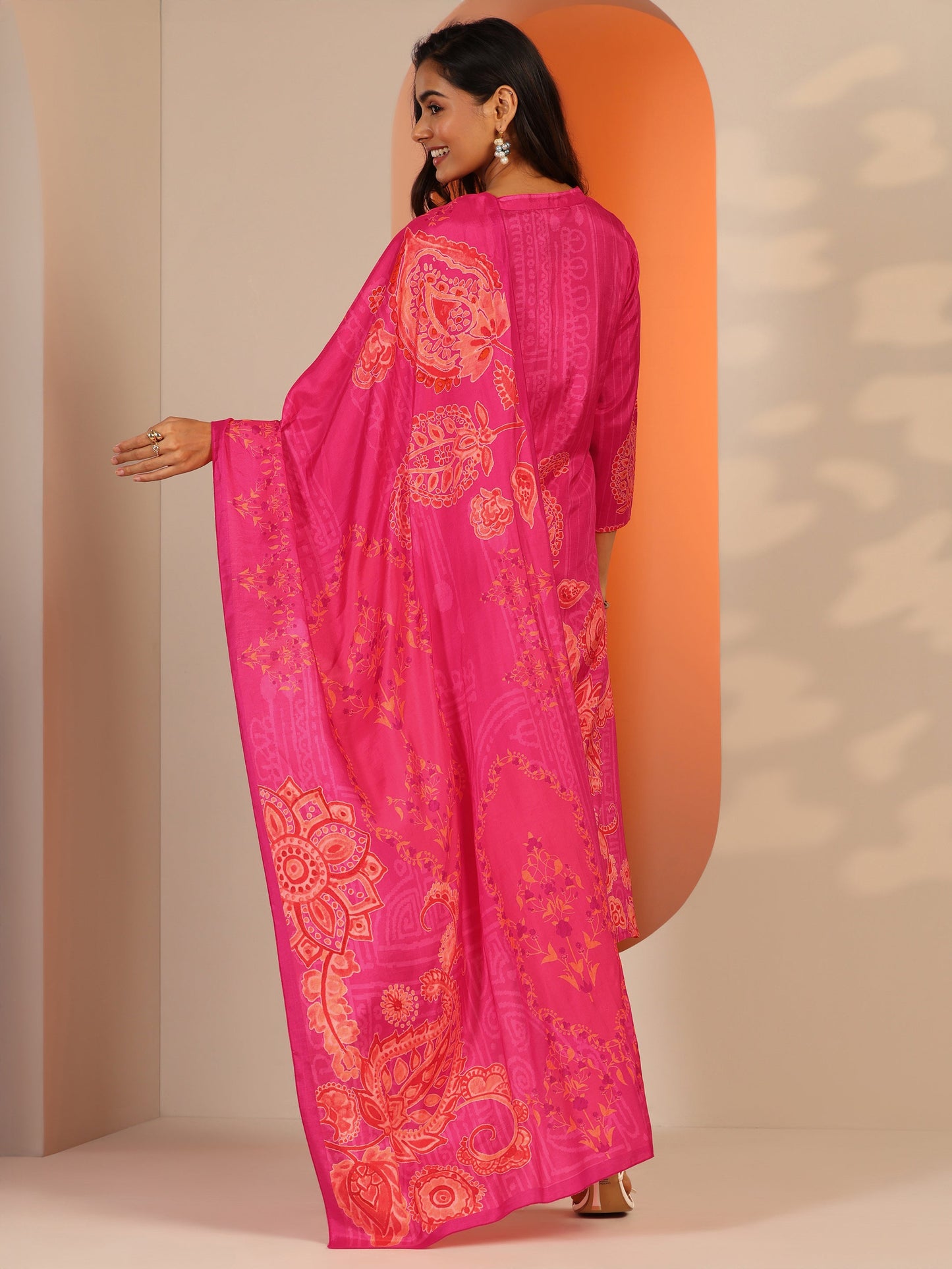 Pink Printed Muslin Straight Suit Set With Dupatta
