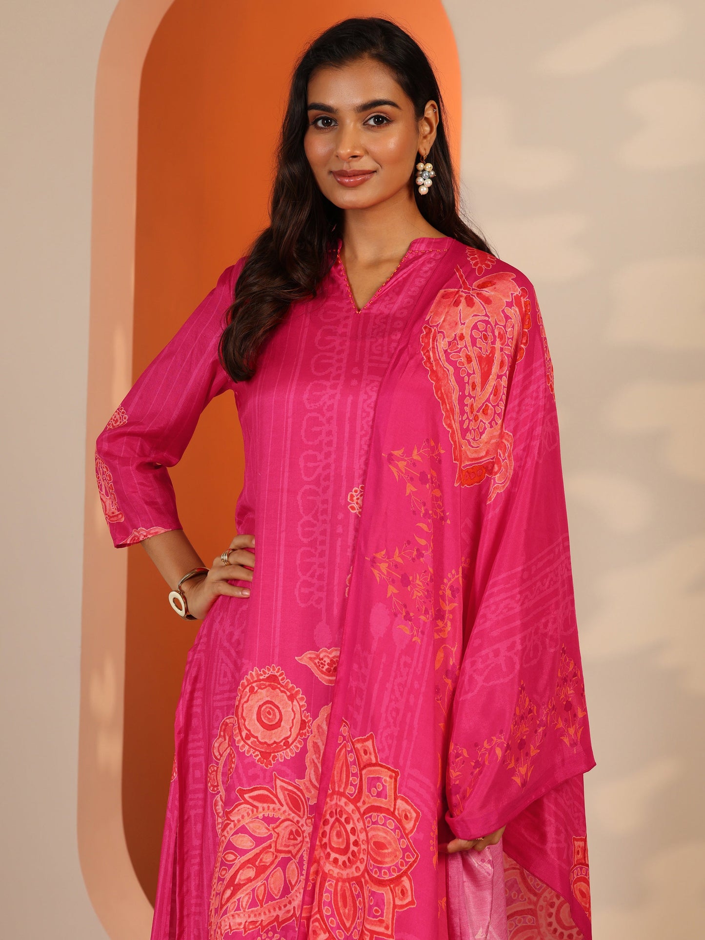 Pink Printed Muslin Straight Suit Set With Dupatta