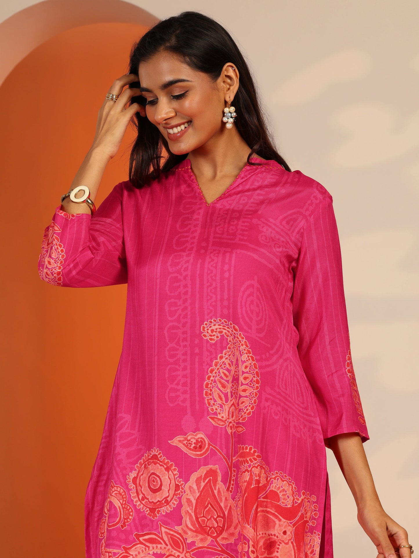 Pink Printed Muslin Straight Suit Set With Dupatta