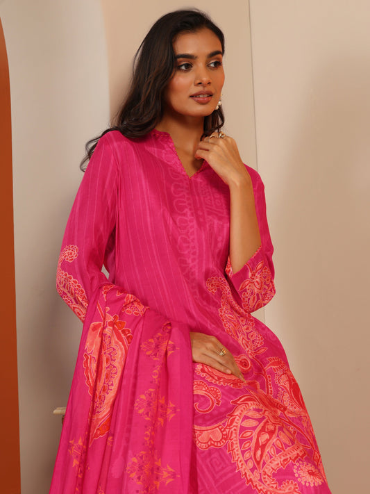 Pink Printed Muslin Straight Suit Set With Dupatta