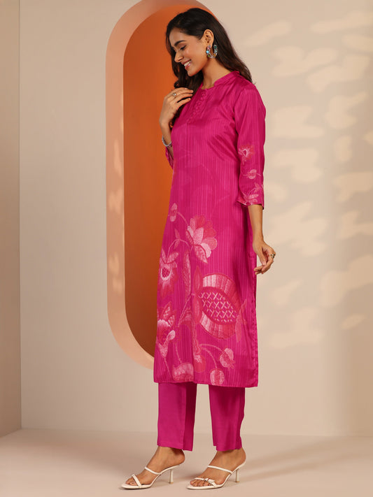 Pink Printed Muslin Straight Suit Set With Dupatta