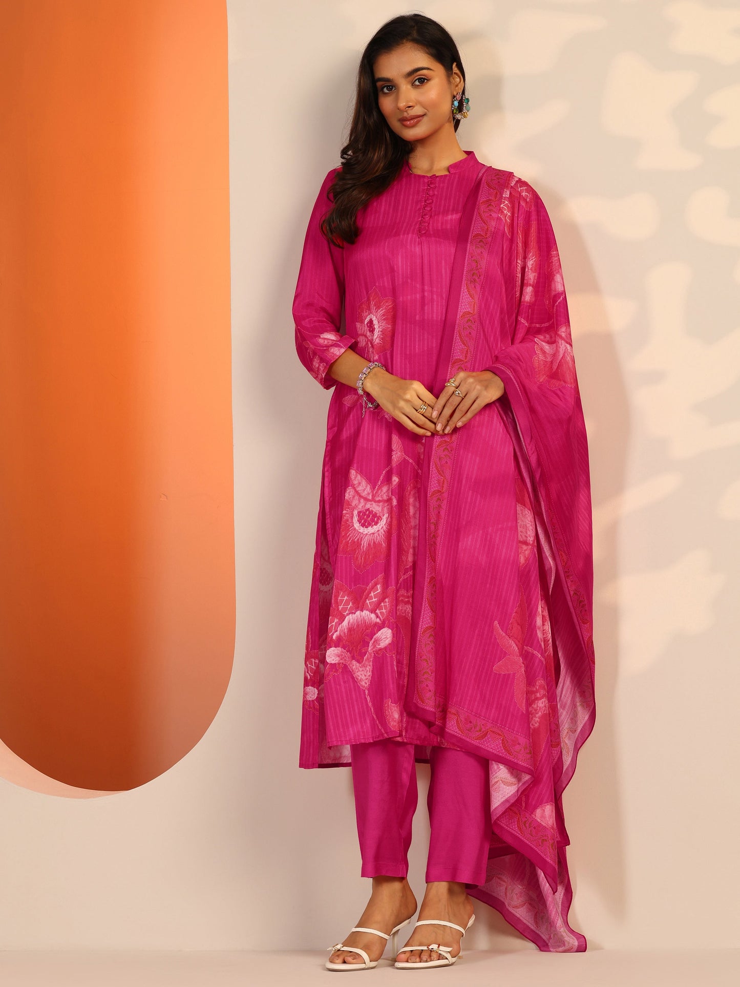 Pink Printed Muslin Straight Suit Set With Dupatta