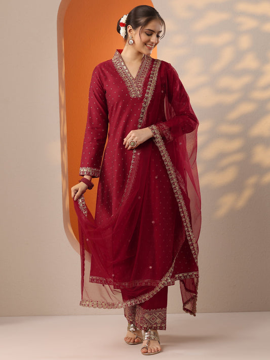 Red Woven Design Silk Blend A-Line Suit Set With Dupatta