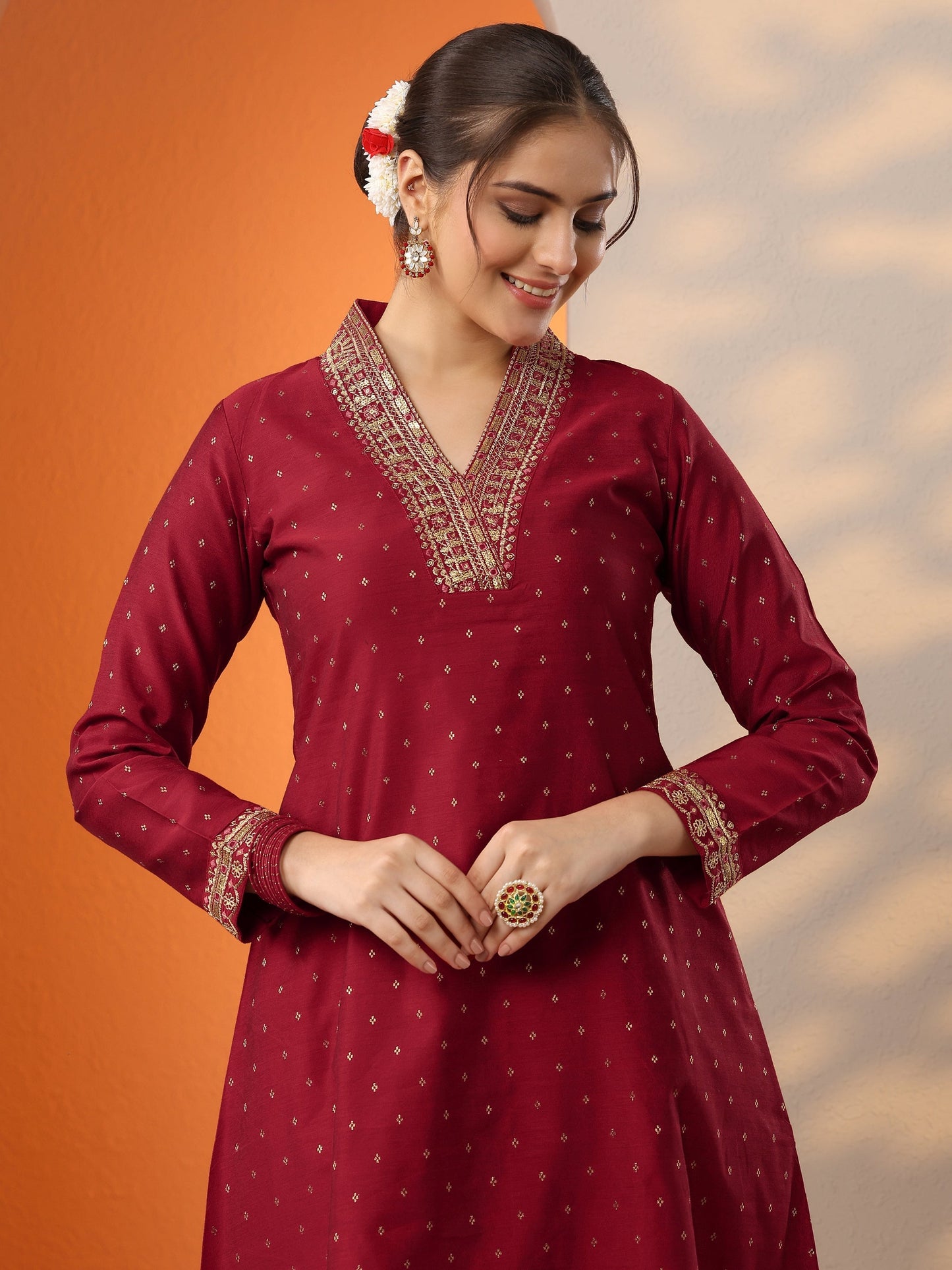 Red Woven Design Silk Blend A-Line Suit Set With Dupatta