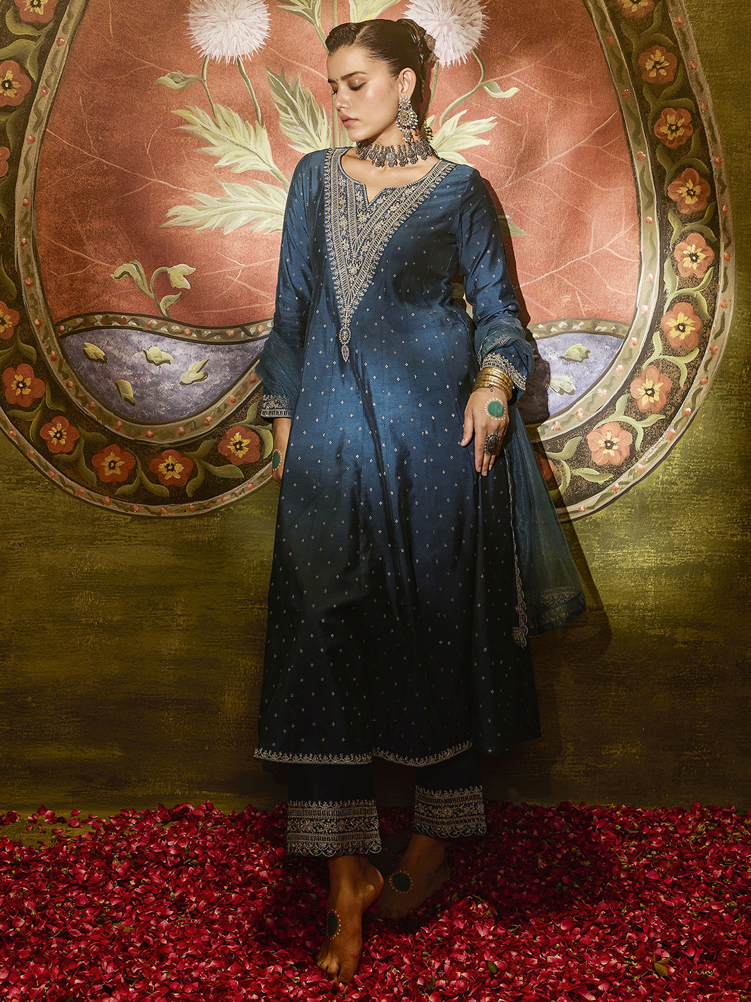 Aakashini Navy Blue Woven Design Silk Blend A-Line Suit Set With Dupatta