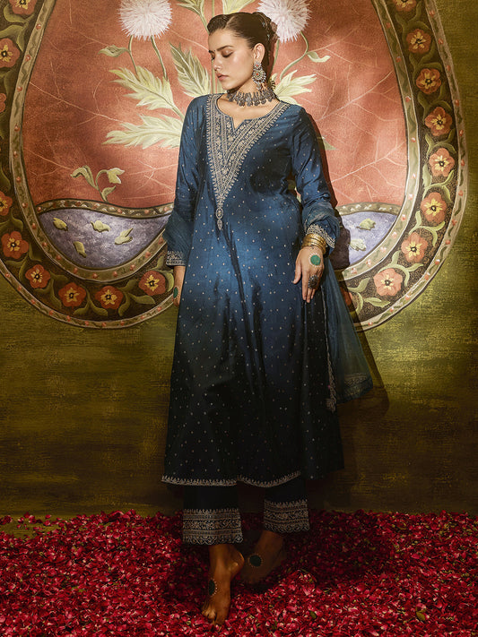 Aakashini Navy Blue Woven Design Silk Blend A-Line Suit Set With Dupatta