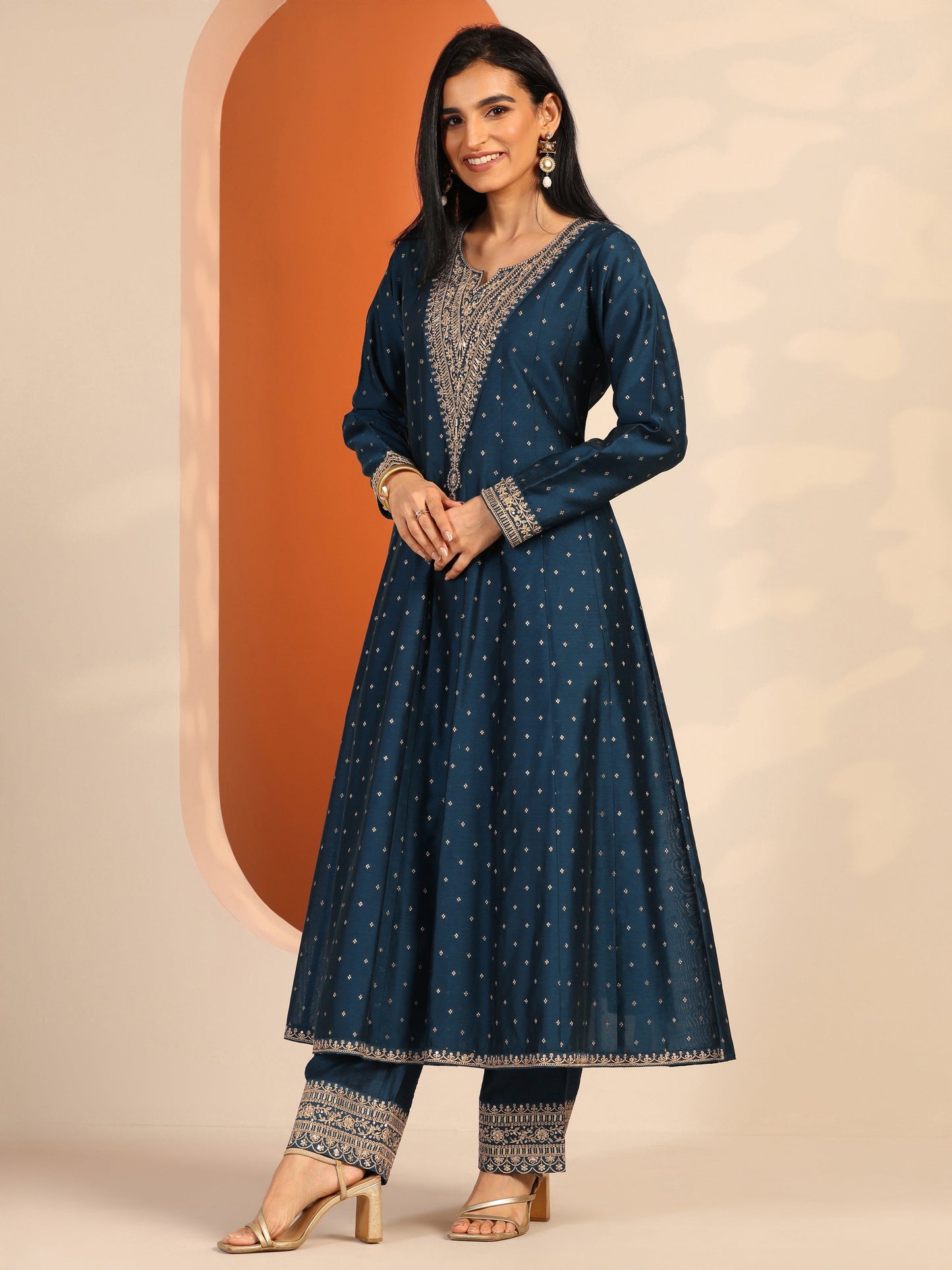Aakashini Navy Blue Woven Design Silk Blend A-Line Suit Set With Dupatta