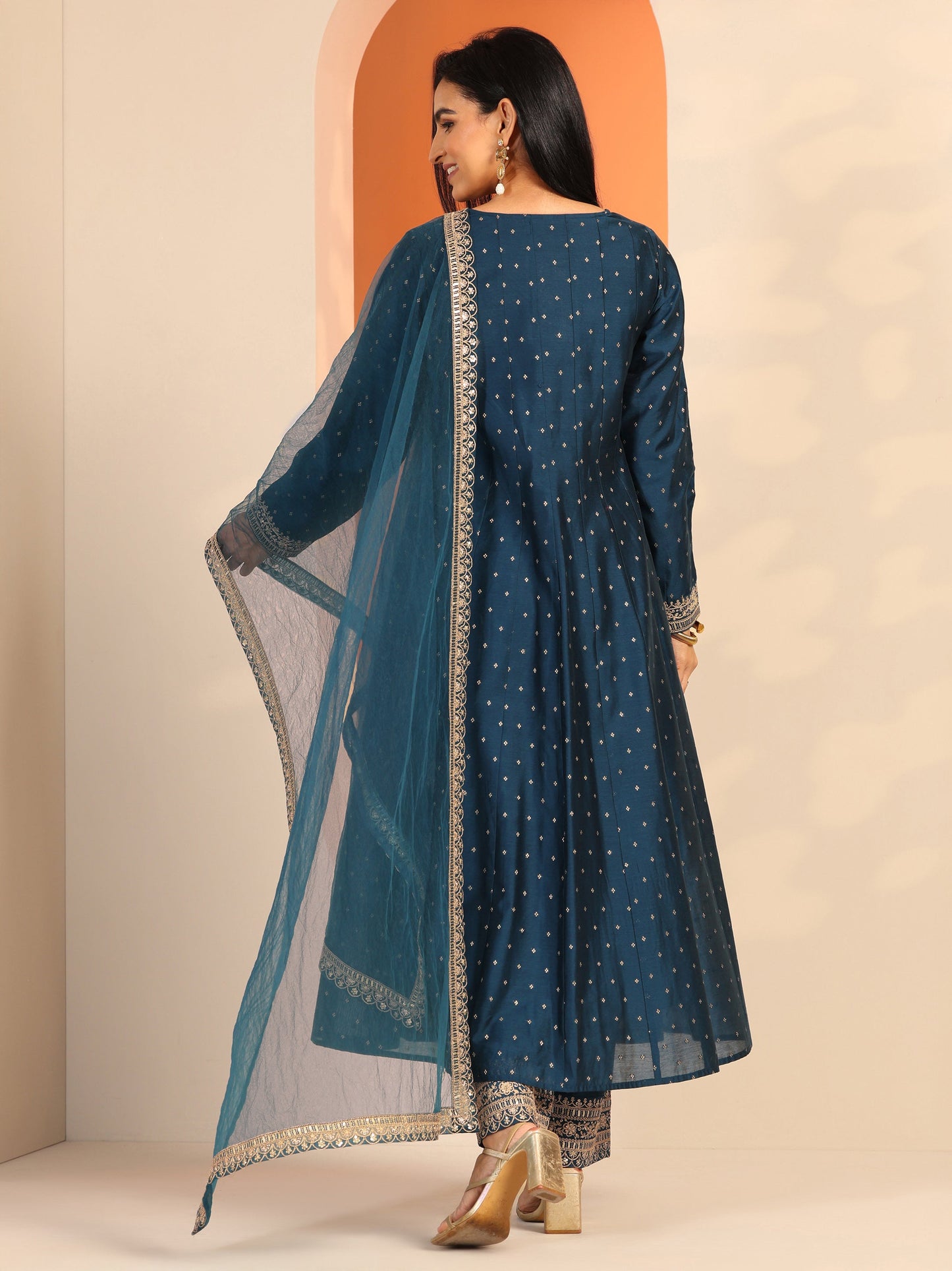 Aakashini Navy Blue Woven Design Silk Blend A-Line Suit Set With Dupatta