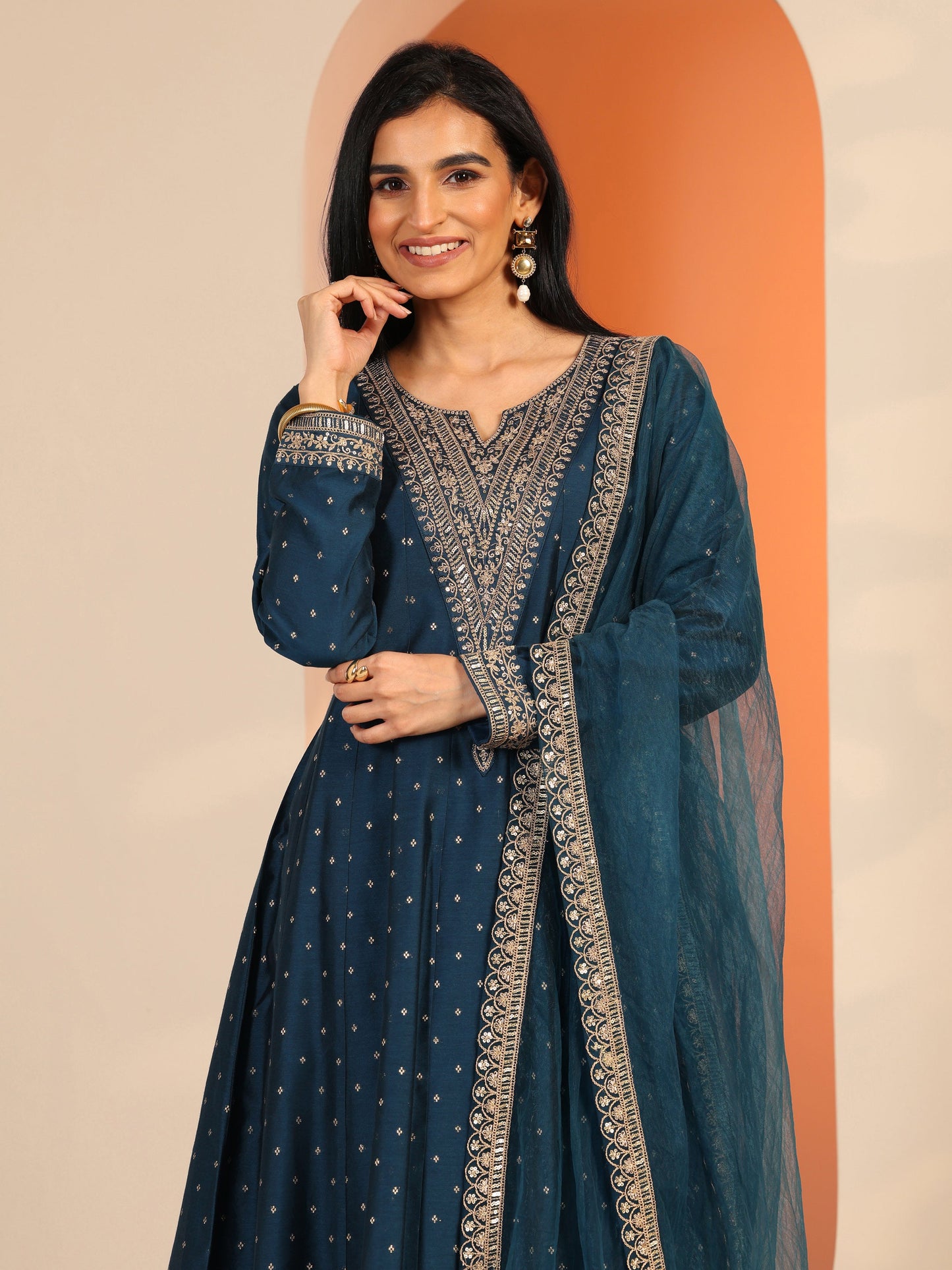 Aakashini Navy Blue Woven Design Silk Blend A-Line Suit Set With Dupatta