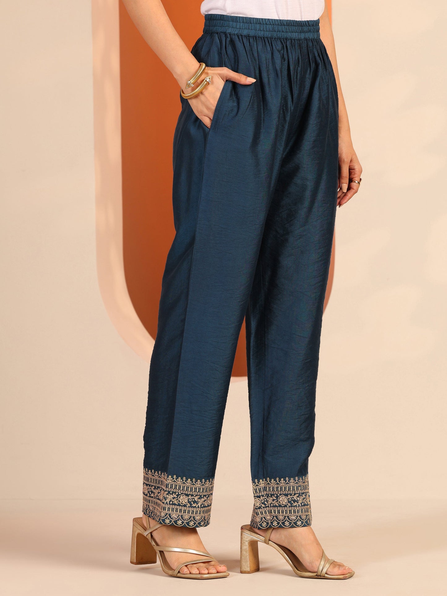 Aakashini Navy Blue Woven Design Silk Blend A-Line Suit Set With Dupatta