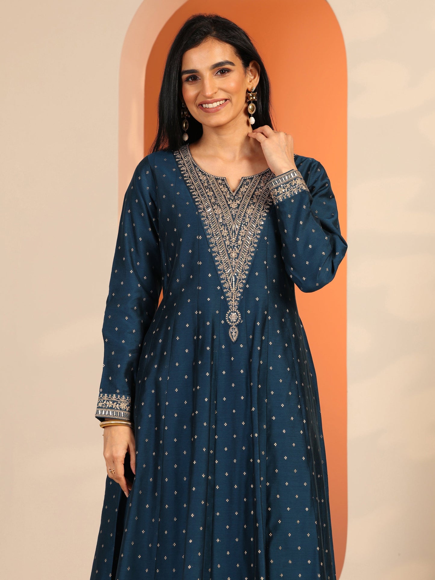 Aakashini Navy Blue Woven Design Silk Blend A-Line Suit Set With Dupatta