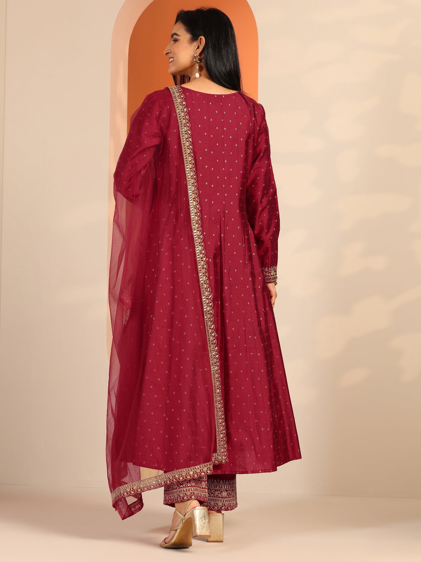 Red Woven Design Silk Blend A-Line Suit Set With Dupatta