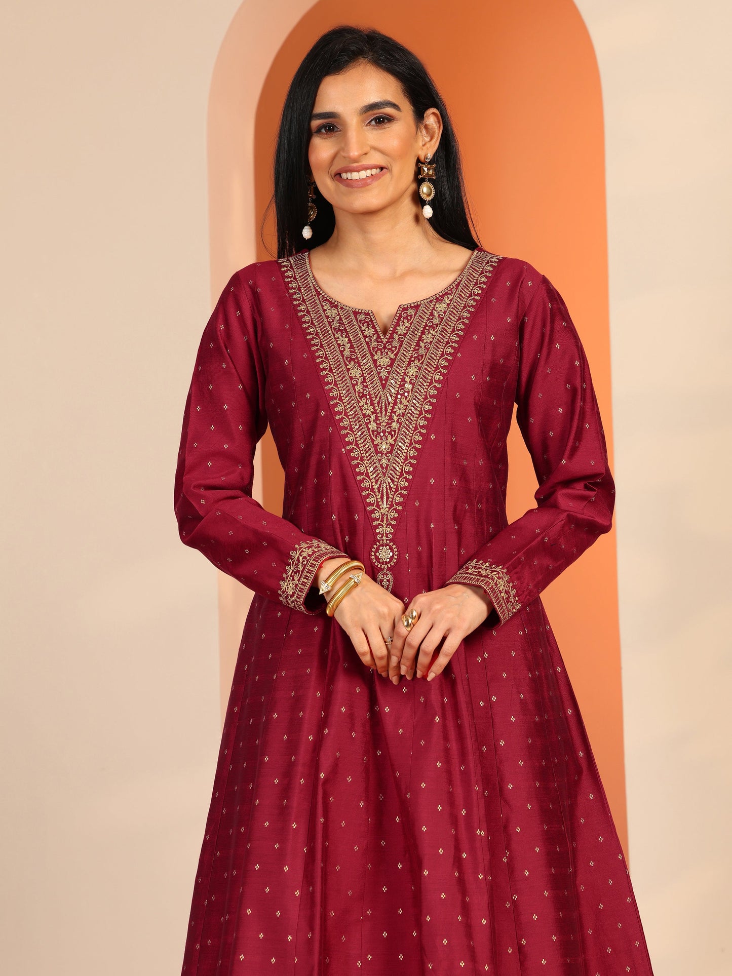 Red Woven Design Silk Blend A-Line Suit Set With Dupatta