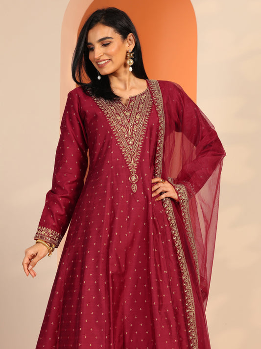 Red Woven Design Silk Blend A-Line Suit Set With Dupatta