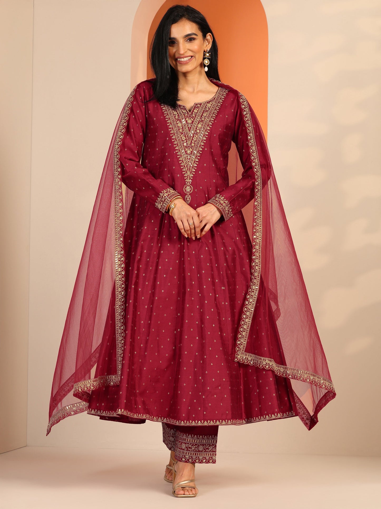 Red Woven Design Silk Blend A-Line Suit Set With Dupatta