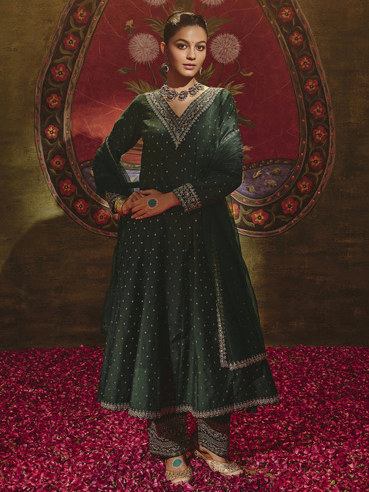 Malini Green Woven Design Silk Blend Anarkali Suit Set With Dupatta