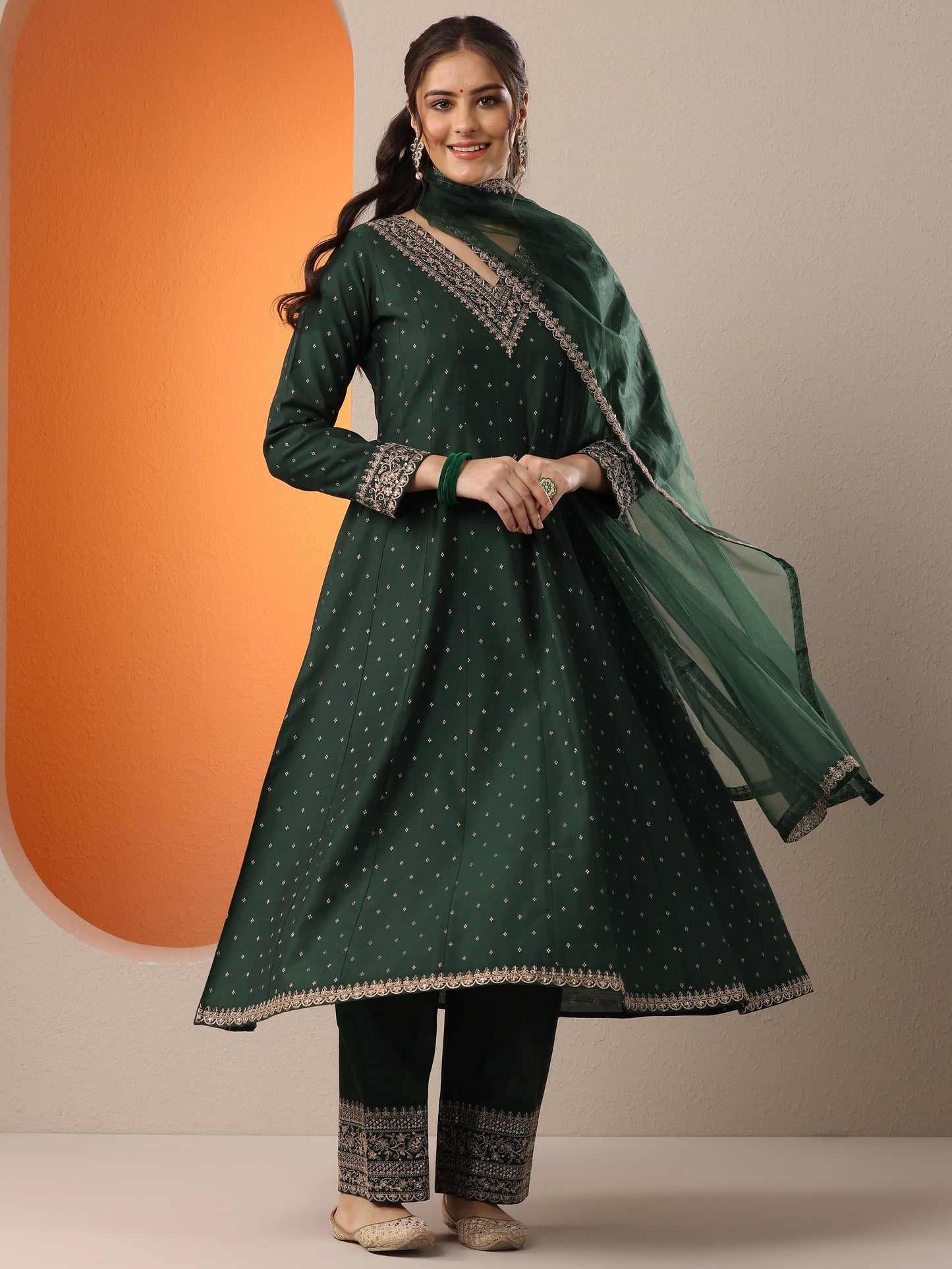 Malini Green Woven Design Silk Blend Anarkali Suit Set With Dupatta