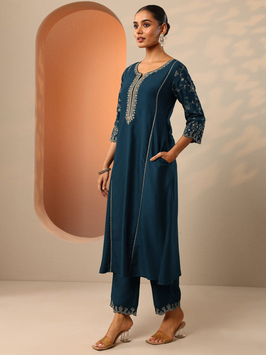 Teal Embroidered Silk Blend A-Line Suit Set With Dupatta