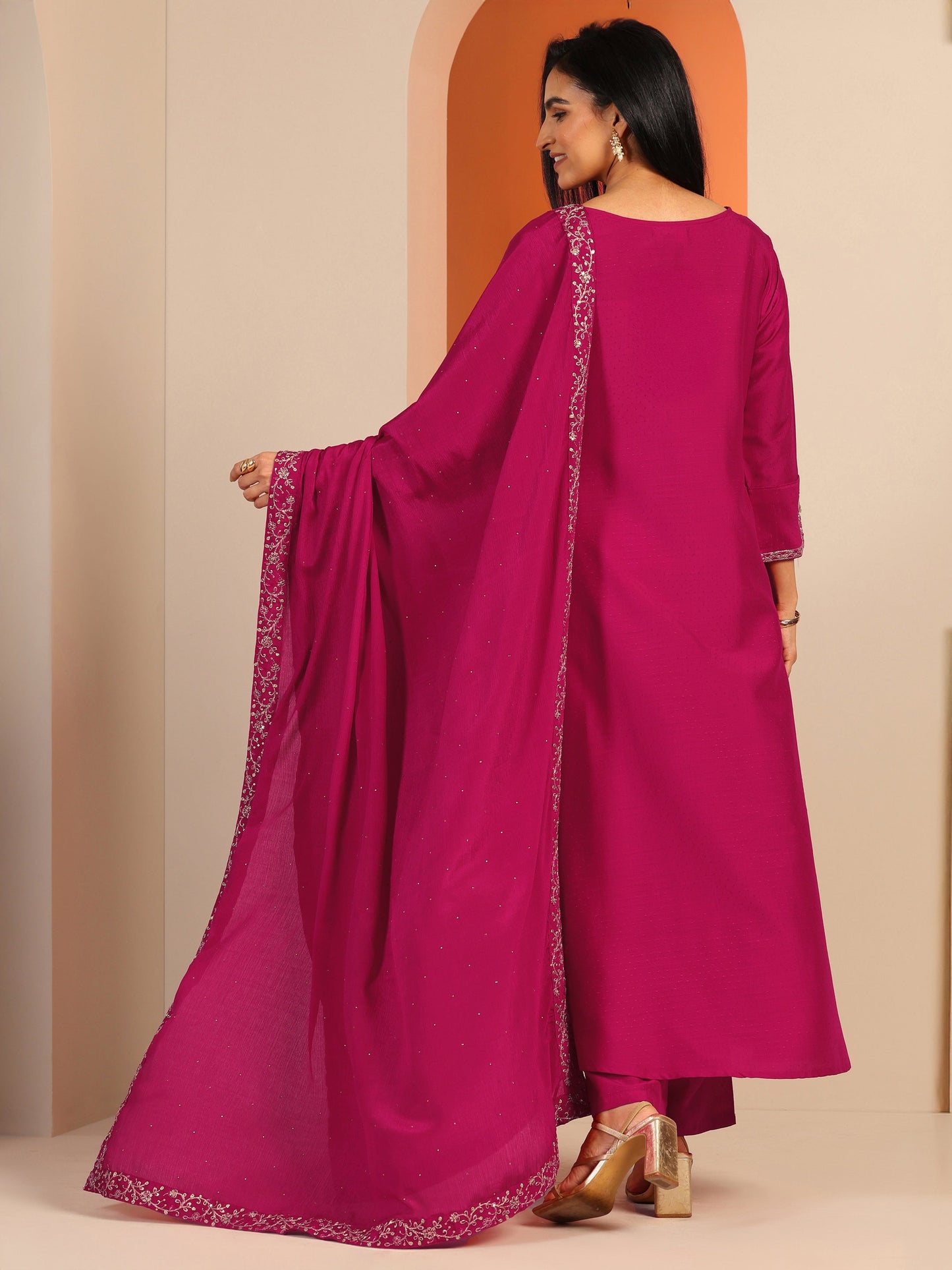 Pink Embellished Silk Blend A-Line Suit Set With Dupatta