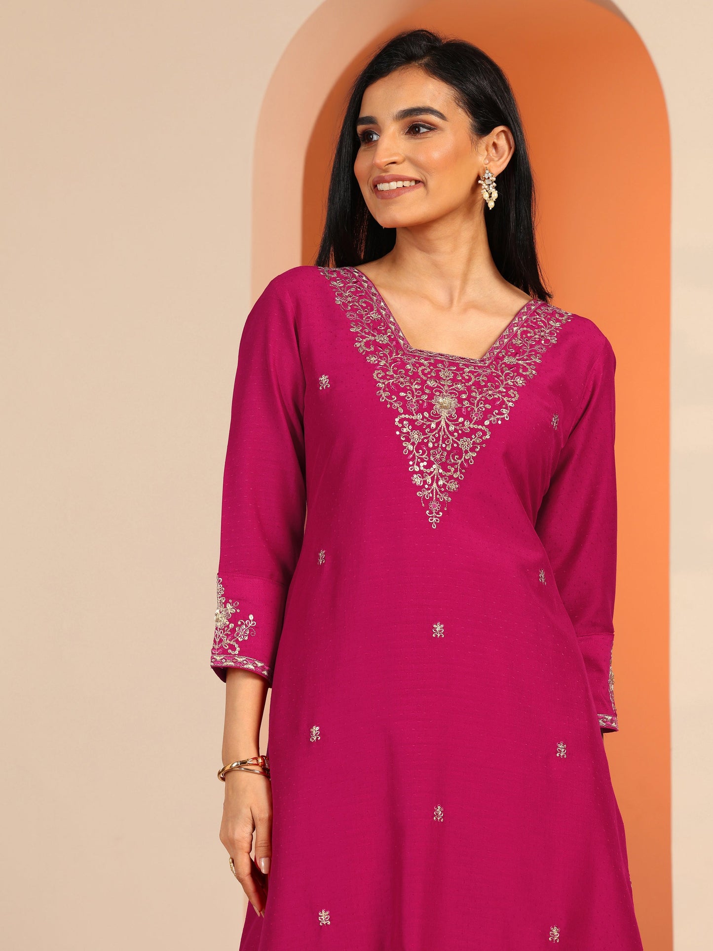Pink Embellished Silk Blend A-Line Suit Set With Dupatta