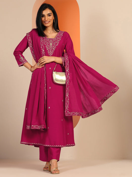 Pink Embellished Silk Blend A-Line Suit Set With Dupatta