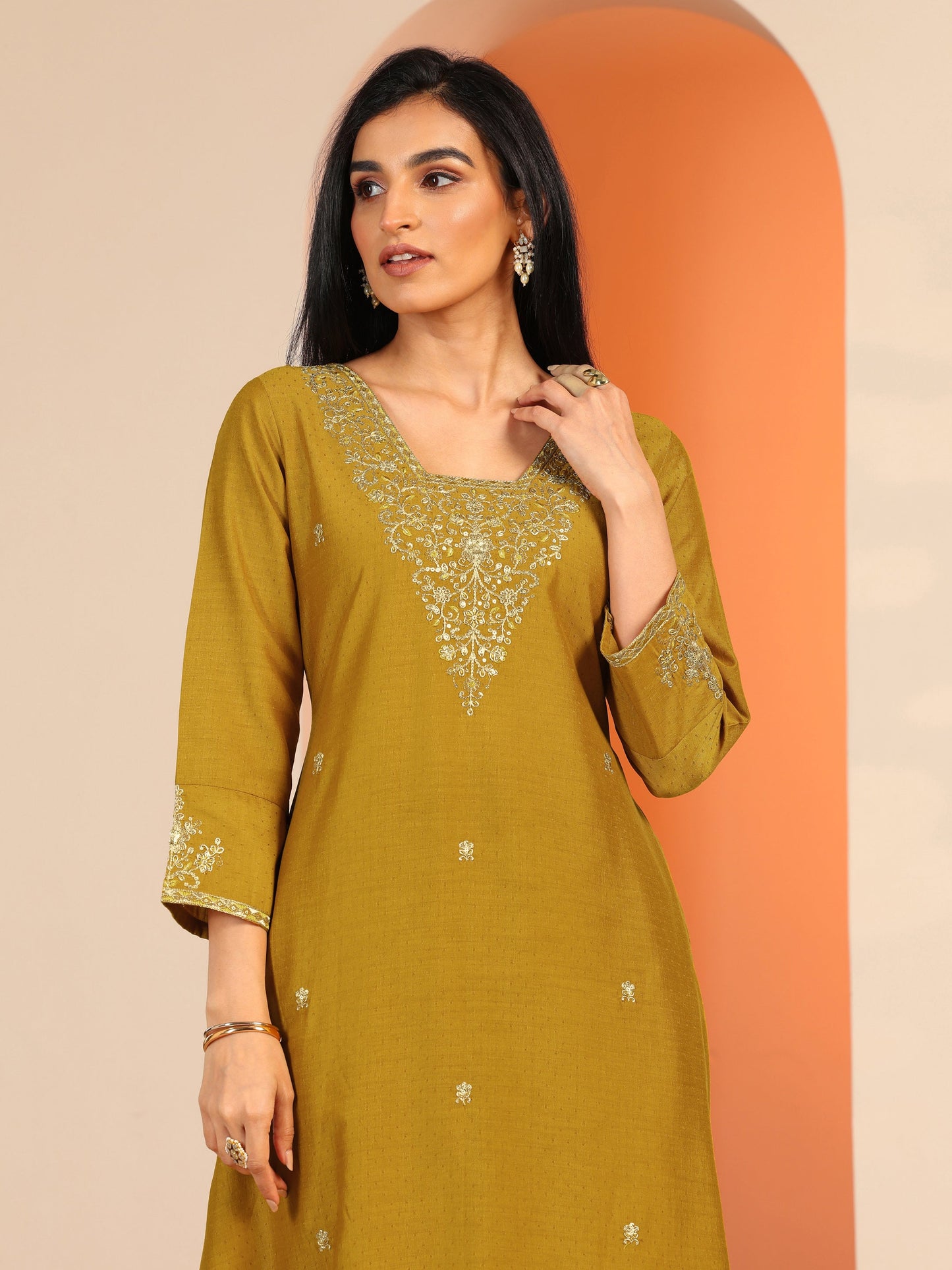 Mustard Embellished Silk Blend A-Line Suit Set With Dupatta
