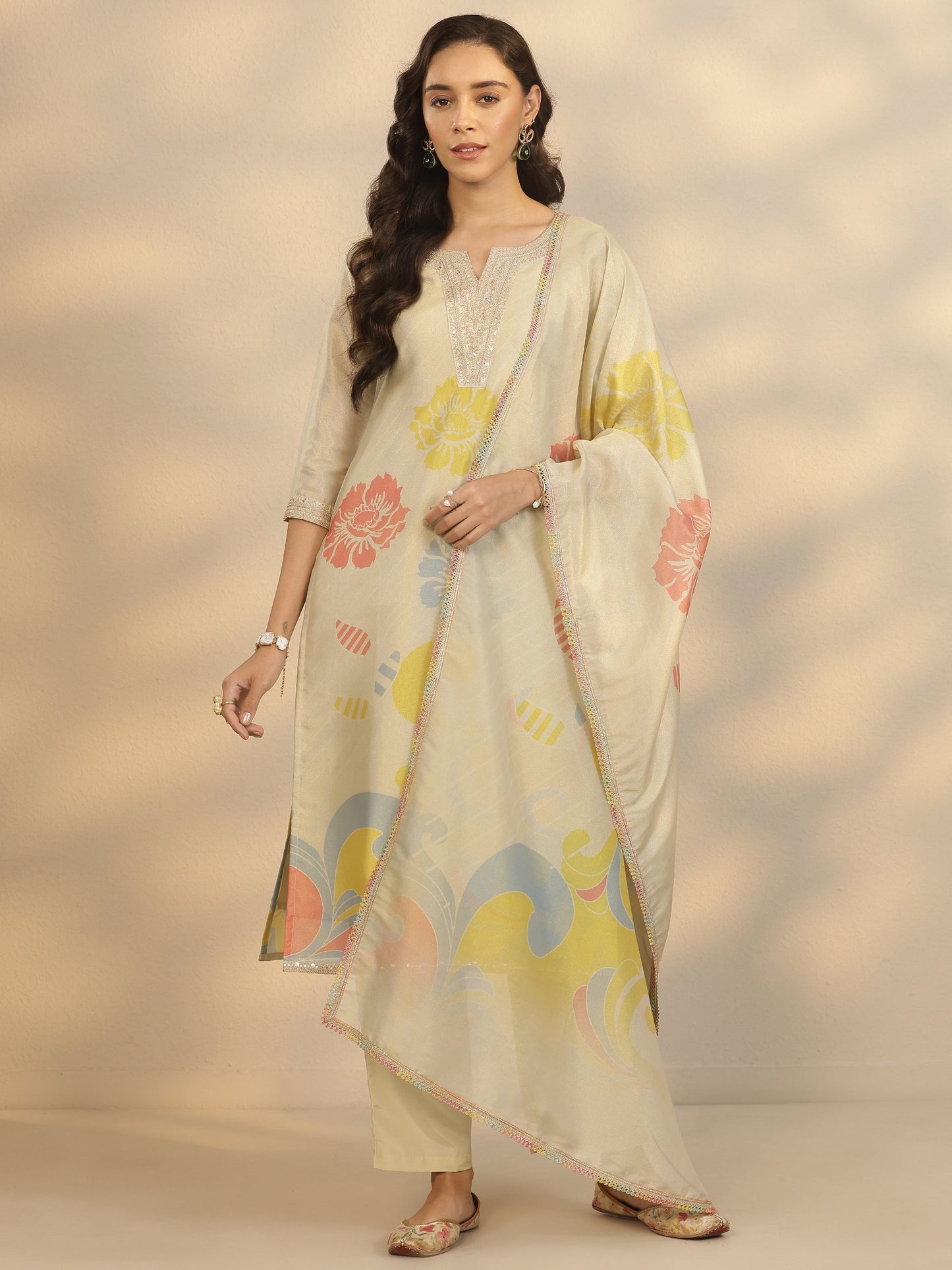 Gold Printed Silk Blend Straight Suit Set With Dupatta