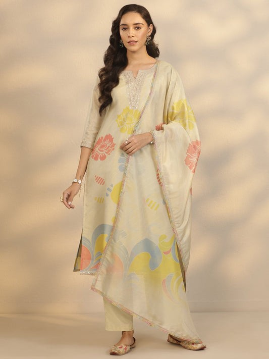 Gold Printed Silk Blend Straight Suit Set With Dupatta