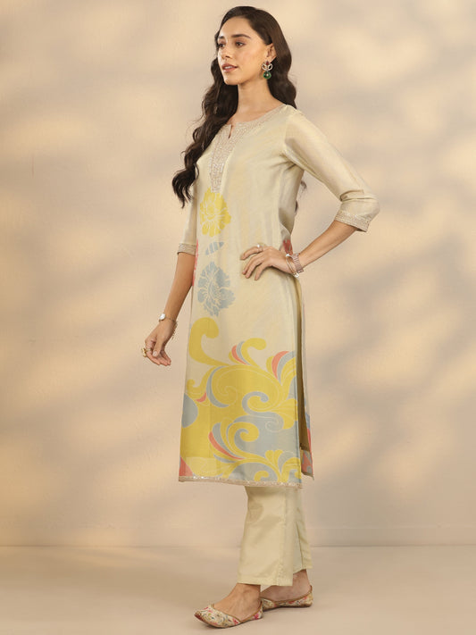Gold Printed Silk Blend Straight Suit Set With Dupatta