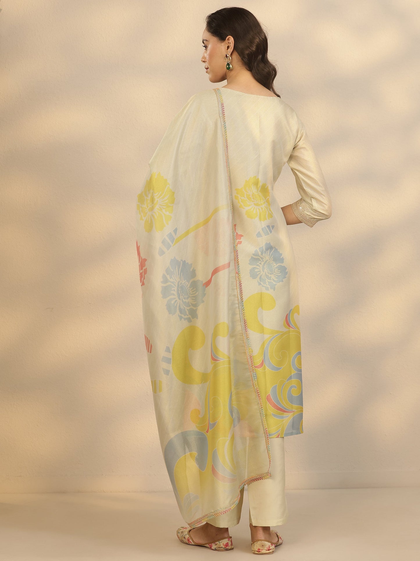 Gold Printed Silk Blend Straight Suit Set With Dupatta